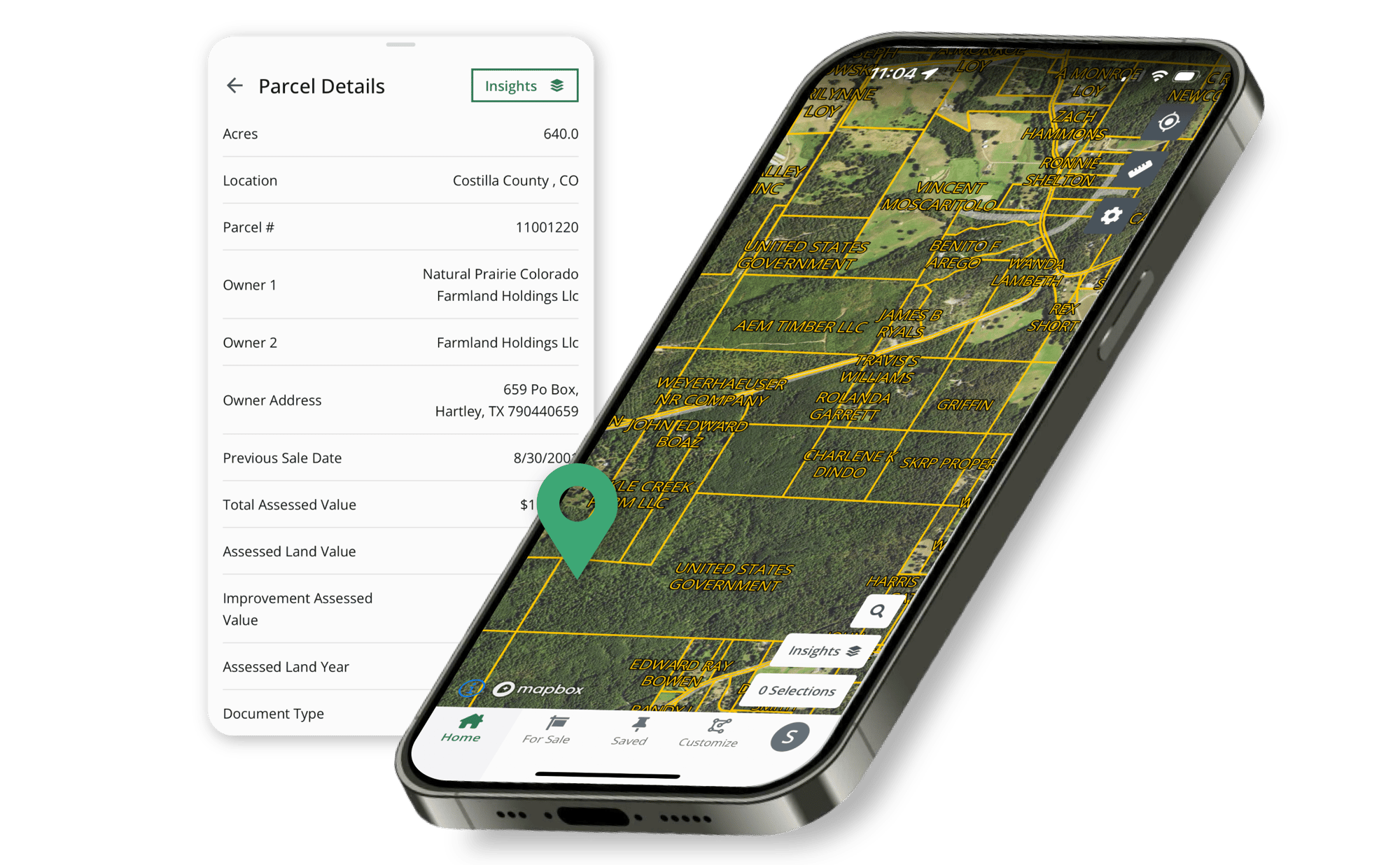 Mobile phone mockup showing parcel details in the Acres app