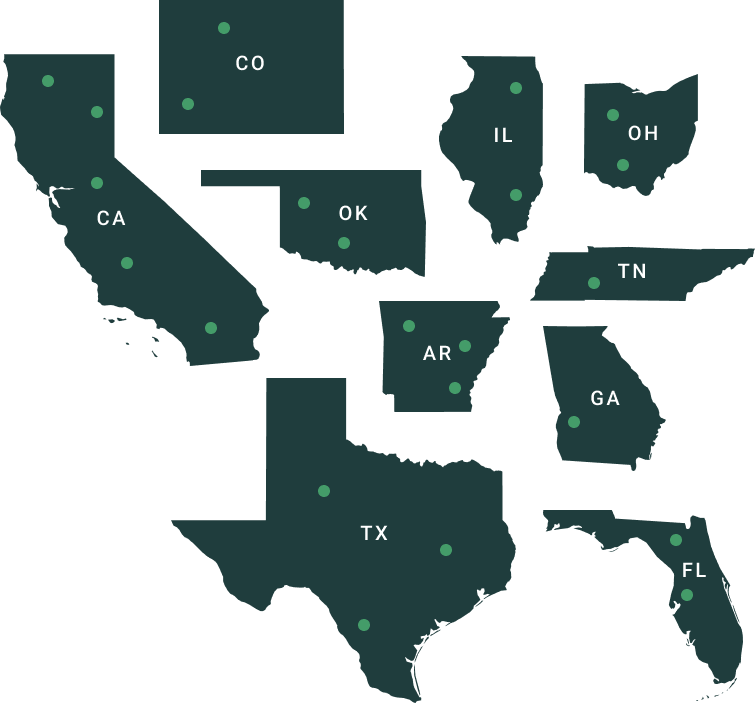 Image of states with dots representing available land for sale. States are Texas, California, Oklahoma, Arkansas, Colorado, Illinois, Tennessee, Georgia, Ohio, and Florida.